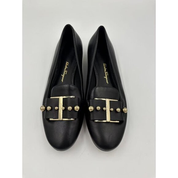Salvatore Ferragamo Sarno Studded Bow Loafers Black& Gold 6D - Picture 1 of 9